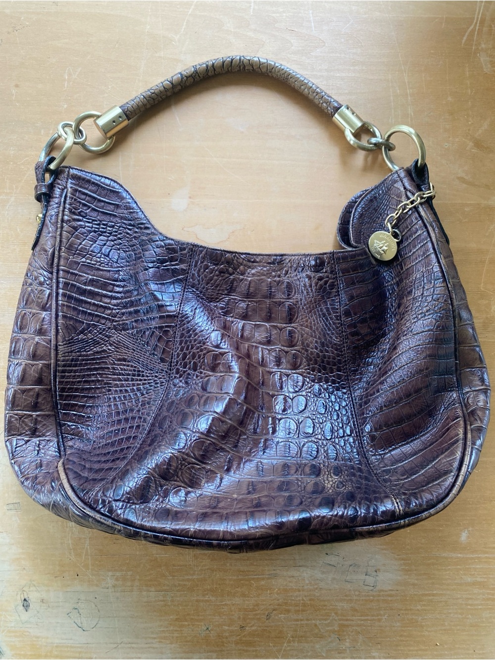 Brahmin Croc-Embossed Shoulder Bag in Deep Brown with Gold Hardware